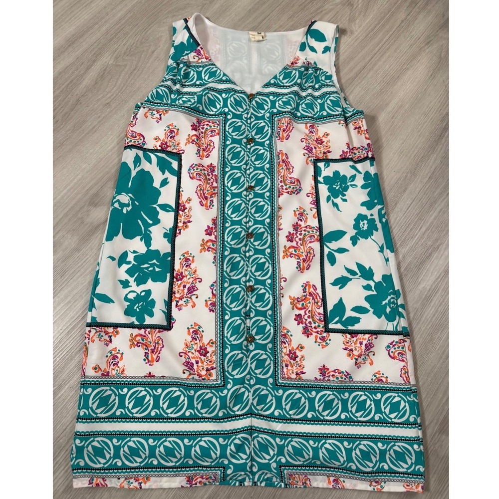 Pink Owl Sleeveless Mixed Print Shift Dress Teal Floral Paisley ID16408GUL - Picture 2 of 8